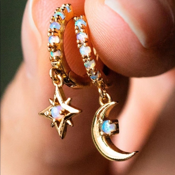 Starry Night Mini Gold Opal Hoops Earrings Huggies - Picture 3 of 16